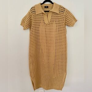 Dressed in LaLa Tan Knit Short Sleeve  collared Dress with matching slip S